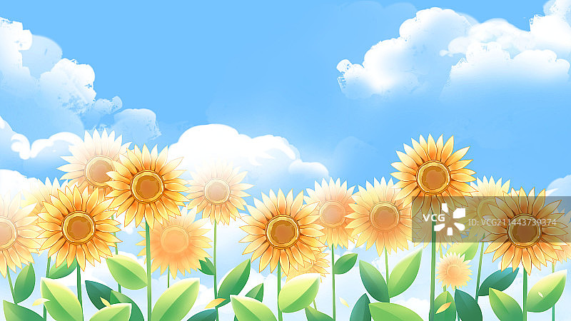 晴空下的向日葵花田，唯美卡通夏季美景插画图片素材