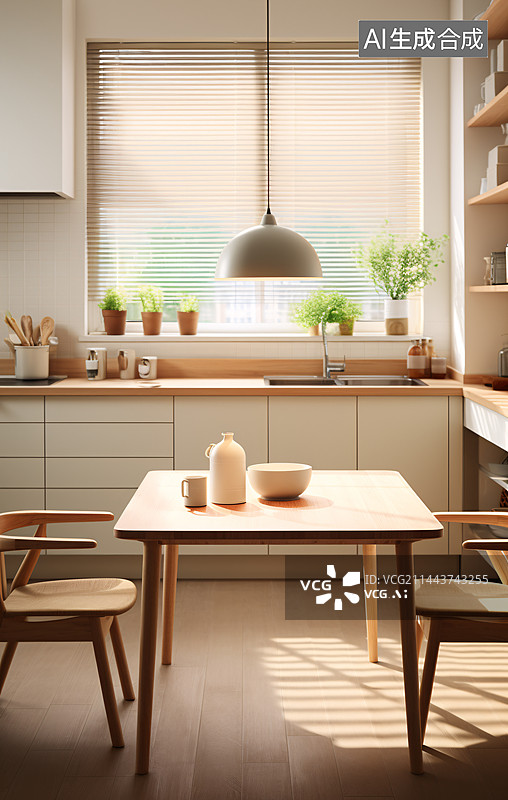 【AI数字艺术】现代厨房木桌,现代室内设计,现代餐厅的木椅和桌子。图片素材