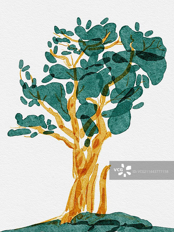 一棵树水彩风格肌理插画图片素材