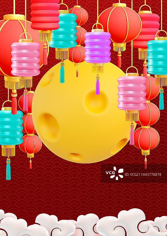 3D立体春节红色灯笼月亮插画图片素材