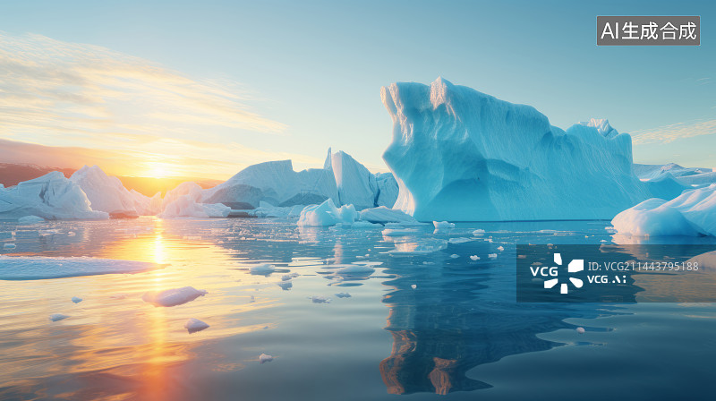 【AI数字艺术】极地冰山日出水面倒影图片素材