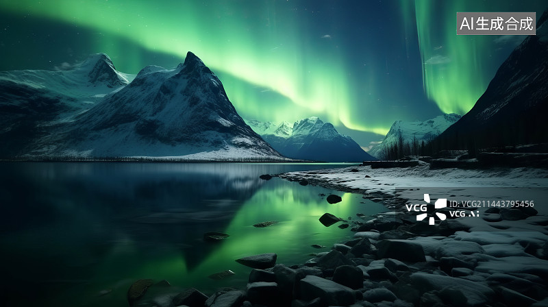 【AI数字艺术】雪山极光星空水面倒影图片素材