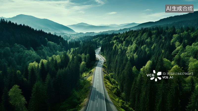 【AI数字艺术】航拍视角绿色森林中的公路图片素材