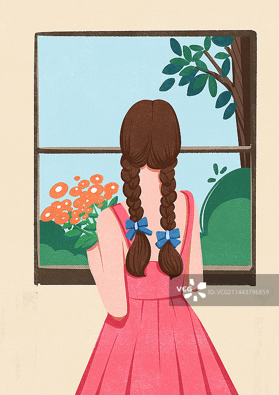 站在窗户边的女孩背影清新插画图片素材