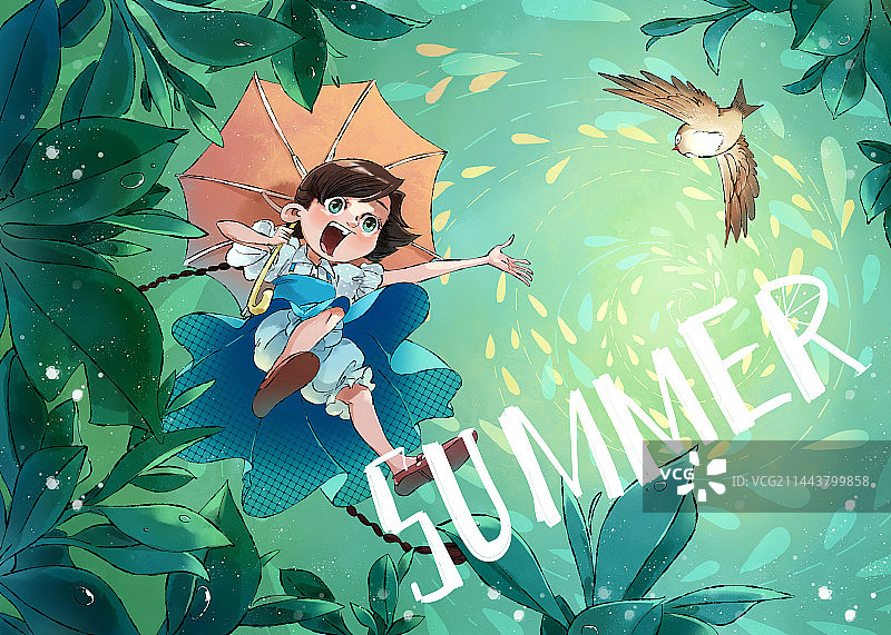 雨天撑伞的小姑娘图片素材