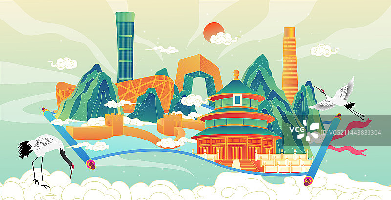 北京卷轴山水画中国风城市复古打卡地标旅游建筑群图片素材