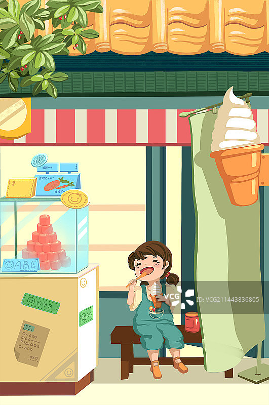 在甜品店门口吃冰淇淋的女孩图片素材