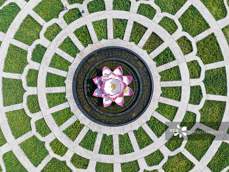 垂直俯拍莲花造型喷泉莲花池图片素材