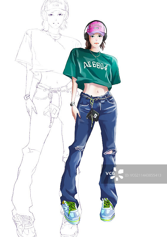 日韩风格潮流少女手绘图片素材