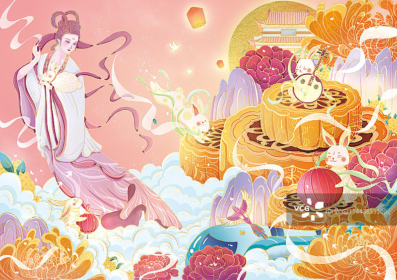 中秋原创国潮插画烫金图片素材