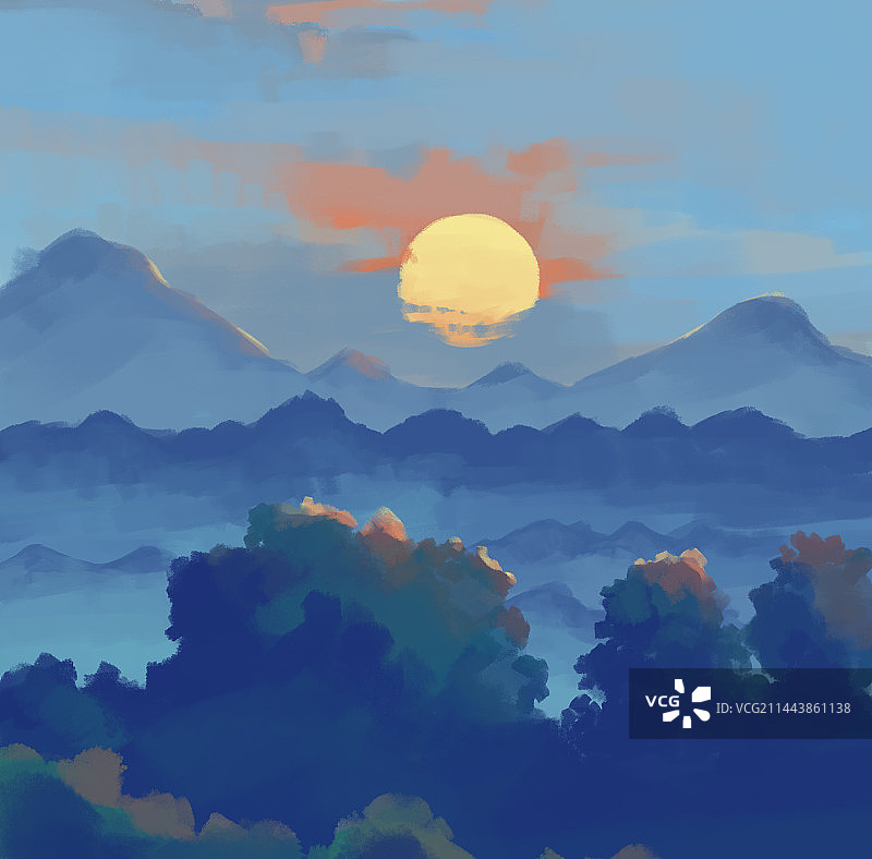 落日晚霞下的山谷树林图片素材