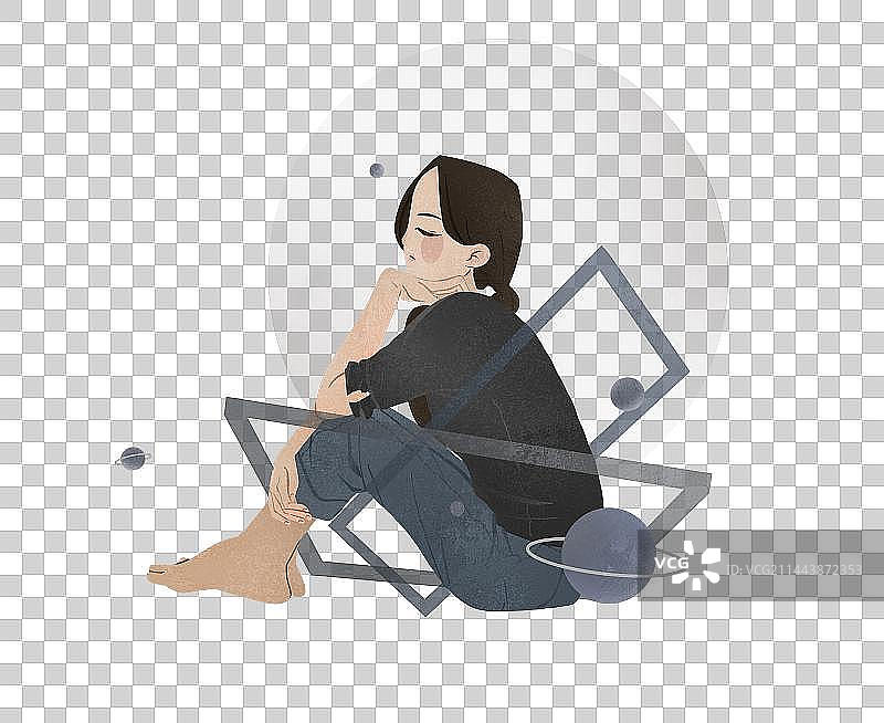 坐着思考的女孩图片素材