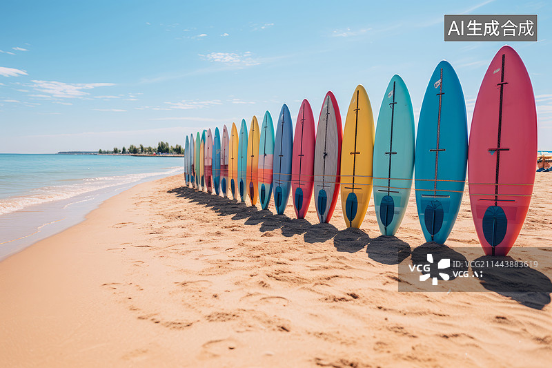 【AI数字艺术】海边沙滩多色冲浪板桨板图片素材