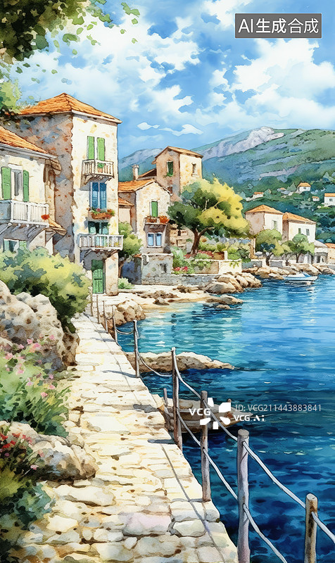 【AI数字艺术】水彩画风格绘画水边的郊区建筑和河流图片素材
