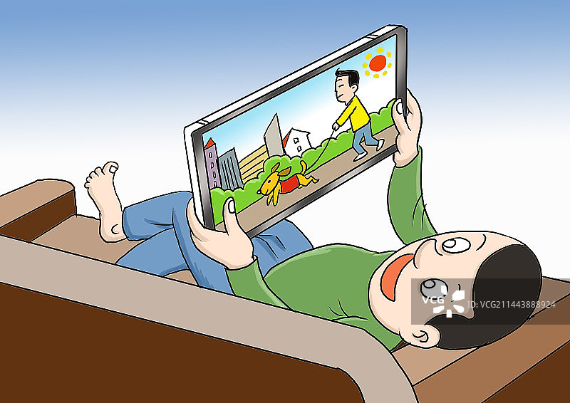 男子躺沙发玩手机看直播缺乏家庭责任感父亲缺失现象图片素材