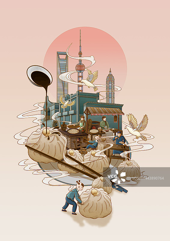 上海建筑与美食生煎包图片素材