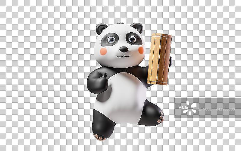 卡通大熊猫与中国风竹简3D渲染图片素材