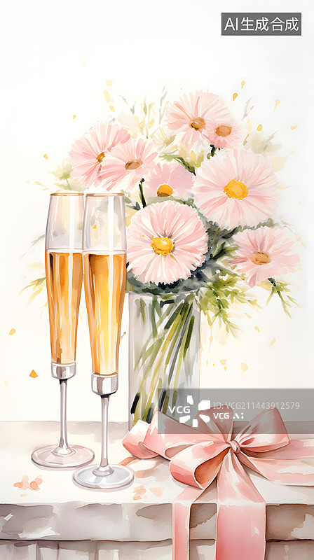 【AI数字艺术】AIGC:节气气氛 鲜花 香槟 水彩画图片素材