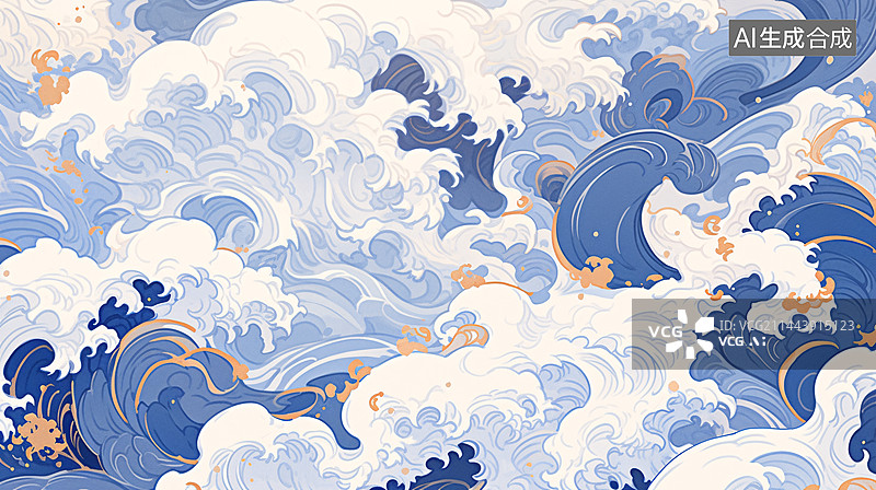 【AI数字艺术】中式古典纹样，波涛纹，古典纹样，横版海浪波涛纹图片素材