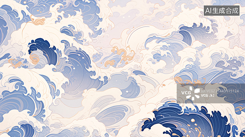 【AI数字艺术】中式古典纹样，波涛纹，古典纹样，横版海浪波涛纹图片素材