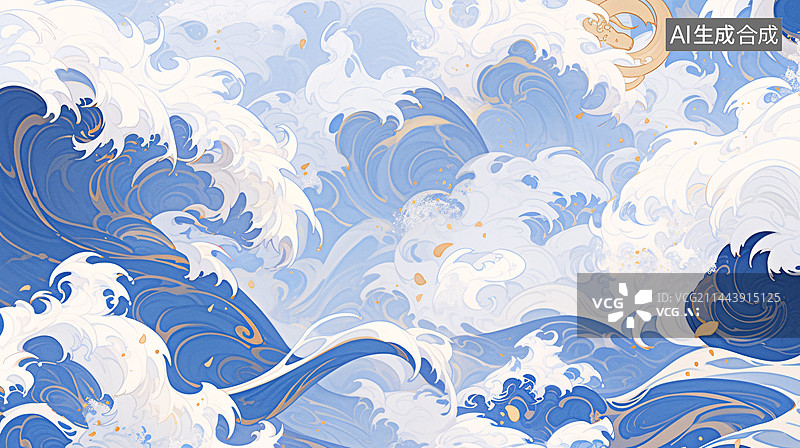 【AI数字艺术】中式古典纹样，波涛纹，古典纹样，横版海浪波涛纹图片素材