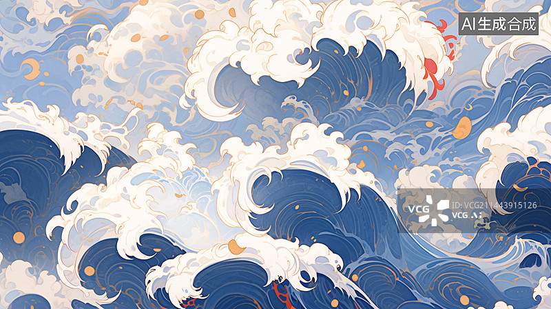 【AI数字艺术】中式古典纹样，波涛纹，古典纹样，横版海浪波涛纹图片素材