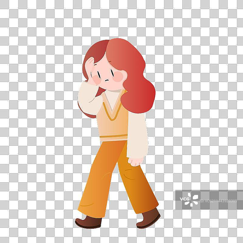 粉色头发的女士走在路上，用手捂着头图片素材