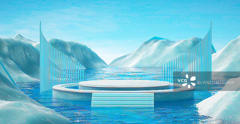 冬天冰面上的展示台3D渲染图片素材