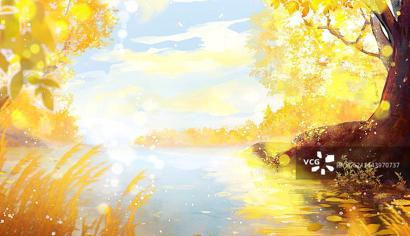 唯美治愈系枫叶湖边秋天场景图片素材