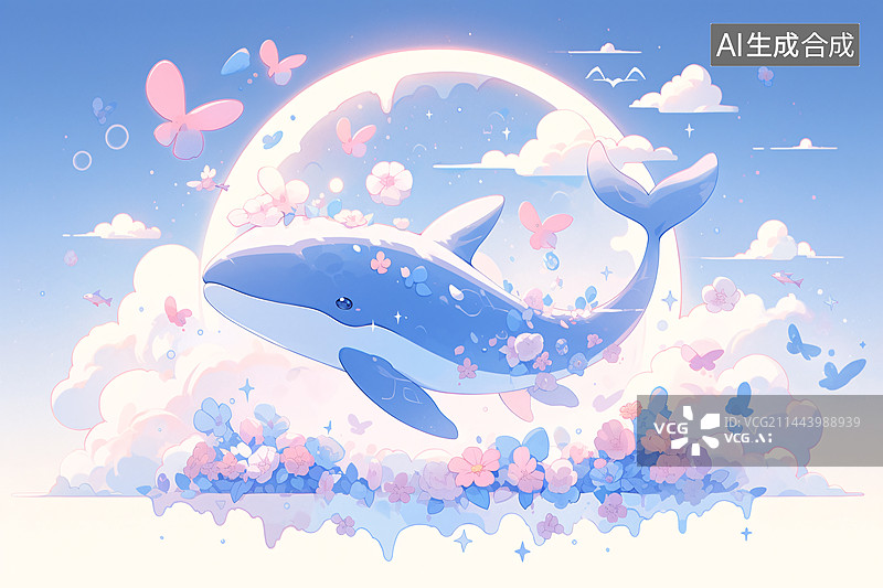 【AI数字艺术】梦幻海豚插画，鲸鱼手绘，治愈系图片素材