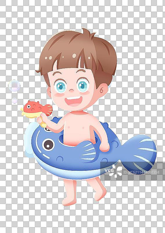 Q版蓝色游泳圈夏日小男孩免抠元素图片素材