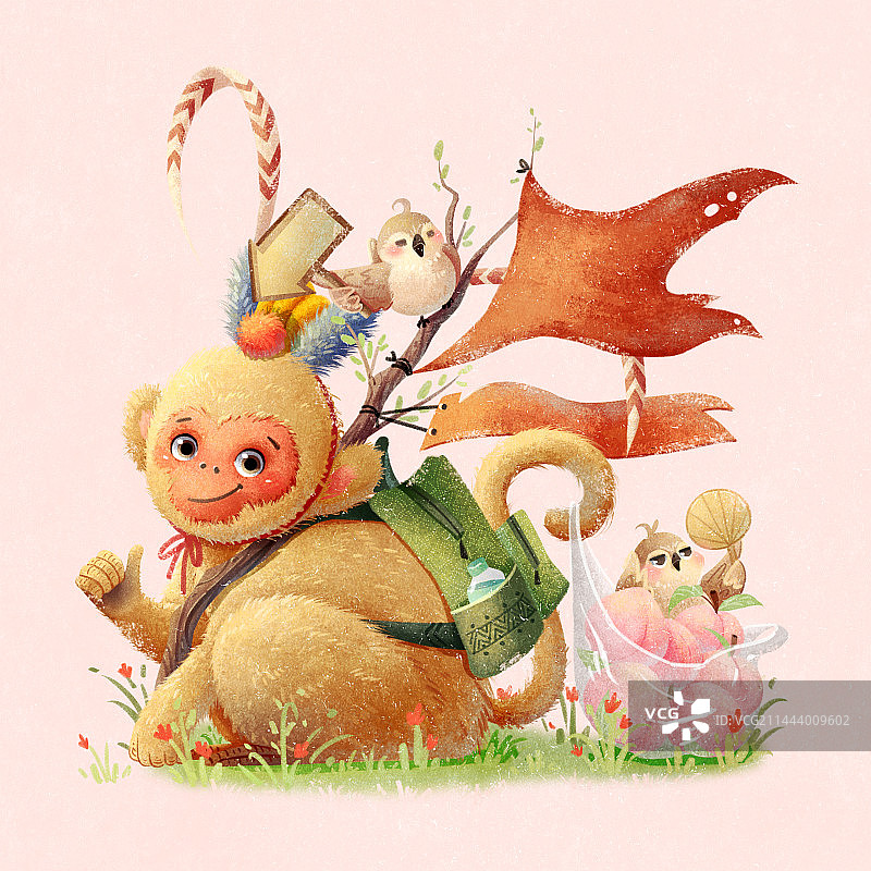 十二生肖之猴子扛大旗可爱小场景插画图片素材