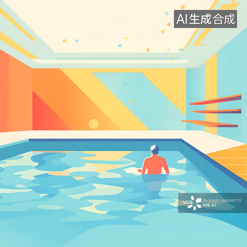 【AI数字艺术】夏天男性在游泳池中游泳扁平渐变插画图片素材