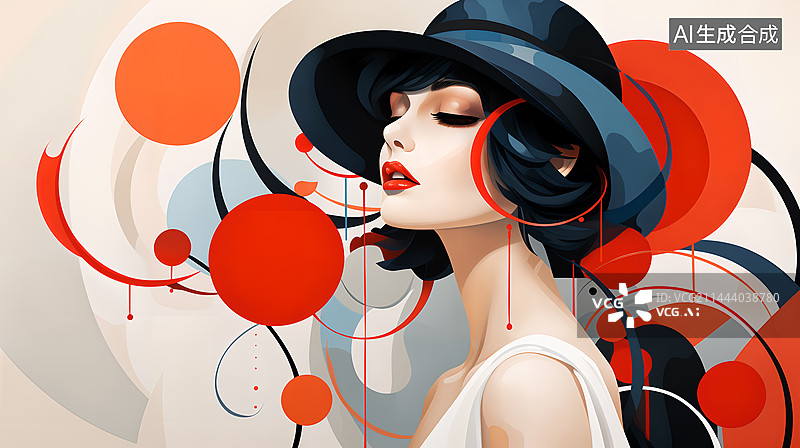 【AI数字艺术】戴帽子的黑发女性抽象时尚现代点线面插画图片素材