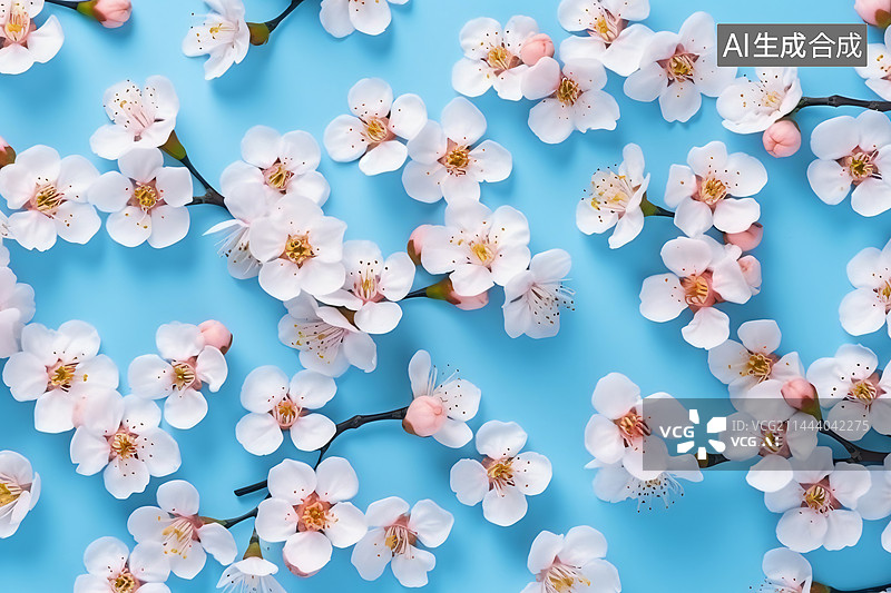 【AI数字艺术】美丽的小花在蓝色柔和的背景上绽放图片素材