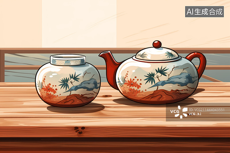 【AI数字艺术】中国瓷器茶具插画绘画图片素材