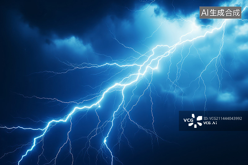 【AI数字艺术】蓝色夜空中的白色闪电图片素材