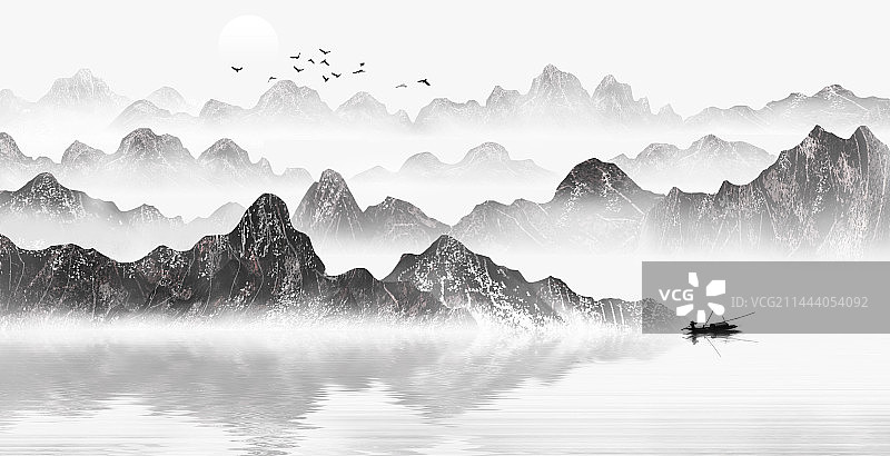 蓝色水墨意境山水画图片素材