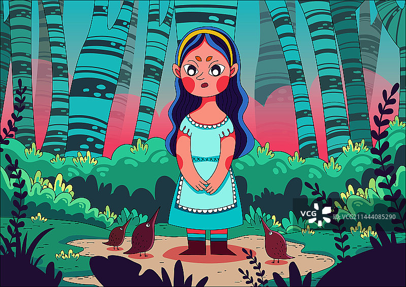 爱丽丝的森林奇遇女孩小鸟树木花草图片素材