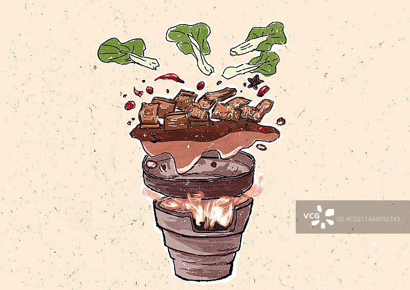 一个火炉上炖着牛肉和青菜辣椒图片素材