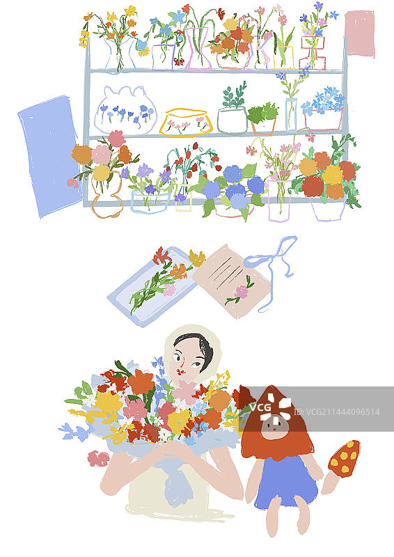 国风小女孩与小物件绘画图片素材