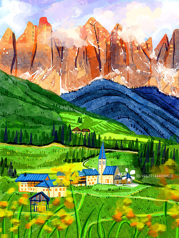 新疆自然风景大自然手绘插画装饰画夏天绿色草原图片素材