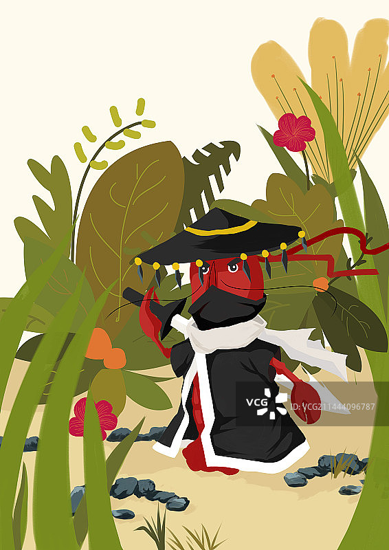 一个拟人的龙虾大侠在草丛中准备决斗图片素材