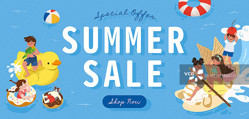 夏季特卖会横幅 海上嬉戏漂浮的小孩与猫咪图片素材
