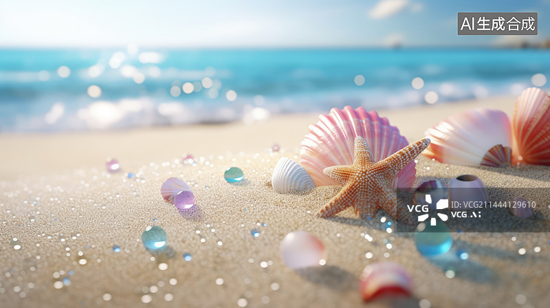 【AI数字艺术】阳光明媚的热带海滩,海滩上的贝壳和海星在炎热的晴天以大海和蓝天为背景。图片素材