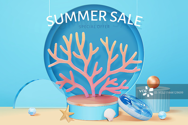 夏季特卖会横幅 展台上的珊瑚与装饰物品图片素材