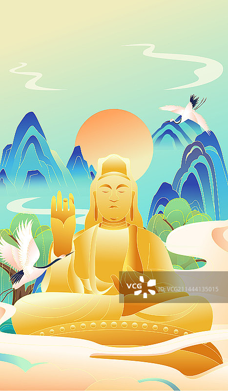 国风城市佛山建筑南海观音彩色插画图片素材