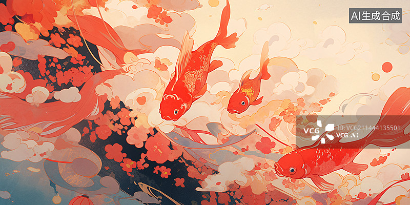 【AI数字艺术】国潮风古典鲤鱼大场景插画图片素材