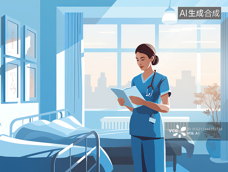 【AI数字艺术】一位女性护士在病房里看报告的蓝色扁平插画图片素材