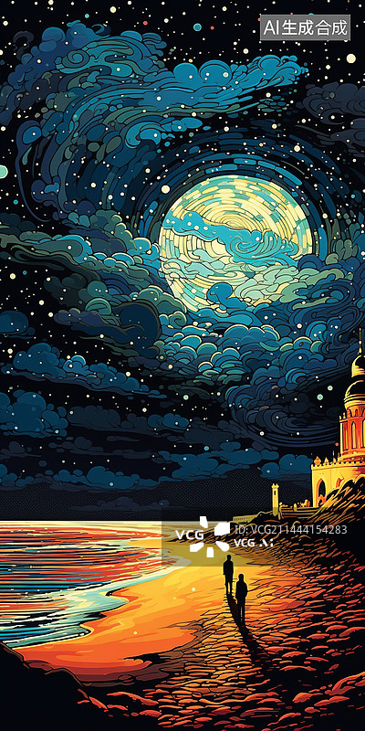 【AI数字艺术】海边夜晚星空和月亮的梵高风格插画图片素材